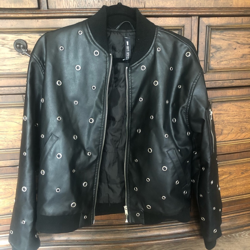 Design Lab faux leather bomber jacket grommets